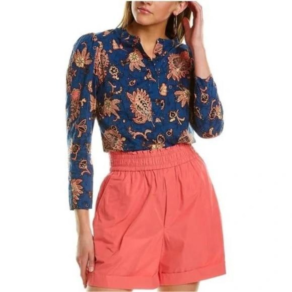 ALC Willa Blouse Women's 4 Blue Floral Paisley Puff Sleeve Batik Top